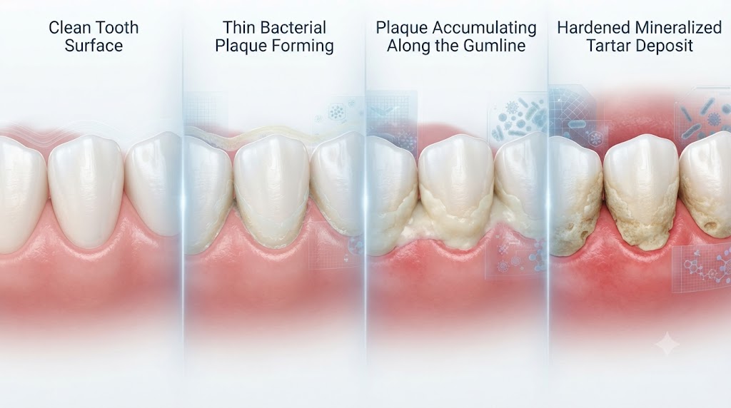 Stages showing how dental plaque can harden into tartar