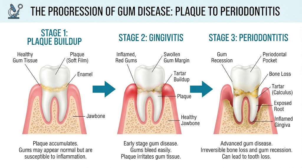 Stages of gum disease from plaque buildup to gingivitis and periodontitis
