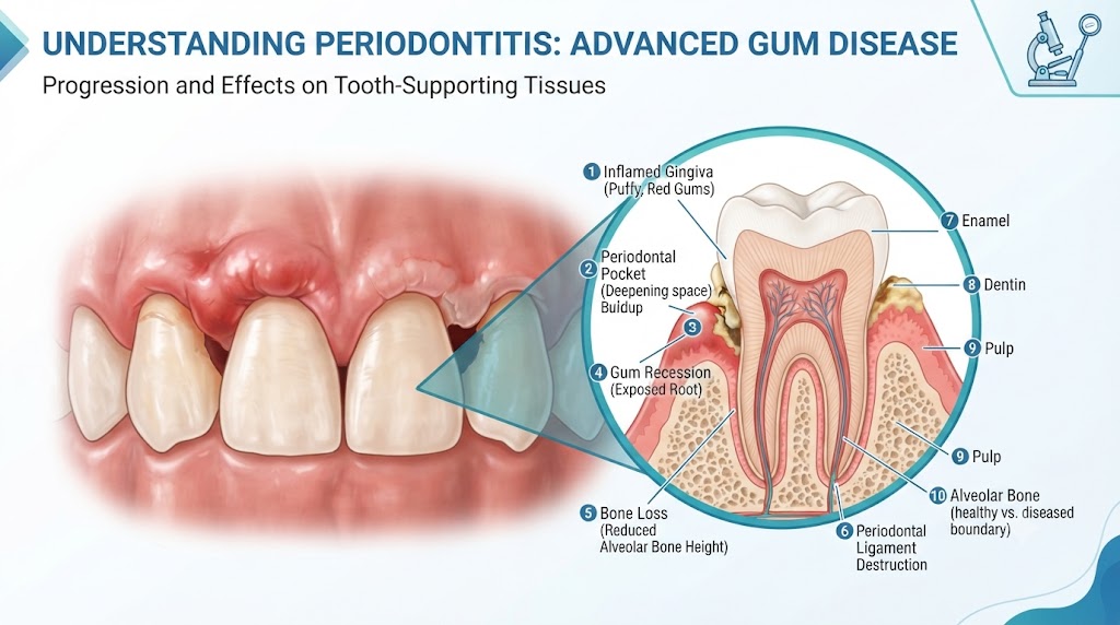 Dental illustration showing periodontal pockets and bone loss caused by periodontitis