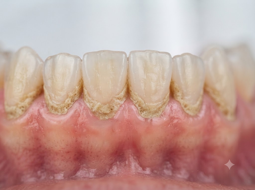 Hardened tartar or dental calculus around teeth