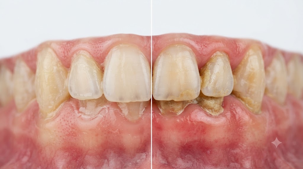 Plaque vs tartar comparison showing soft plaque and hardened tartar